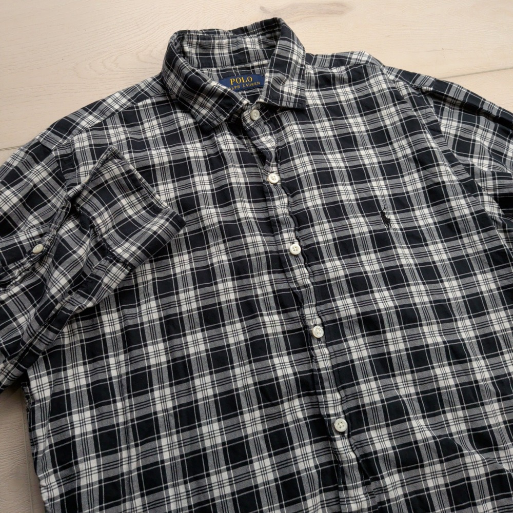 Polo Ralph Lauren Shirt Mens L Black White Plaid Button Down Long Sleeve Pony